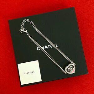 Chanel CC Logo Heart Motif Plated Rhinestone Necklace Silver X Pink